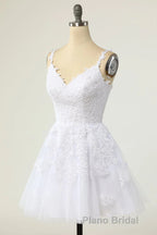 Short A-line V-neck Tulle Lace Backless Formal Prom Dresses white Homecoming Dresses