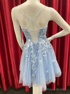 Short Backless Blue Lace Prom Dresses, Short Open Back Blue Lace Formal Homecoming Dresses