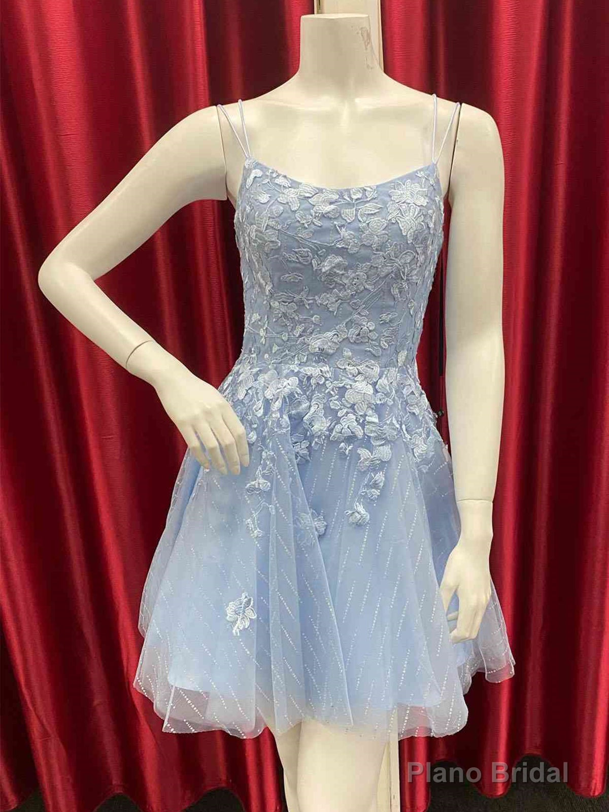 Short Backless Blue Lace Prom Dresses, Short Open Back Blue Lace Formal Homecoming Dresses Main image