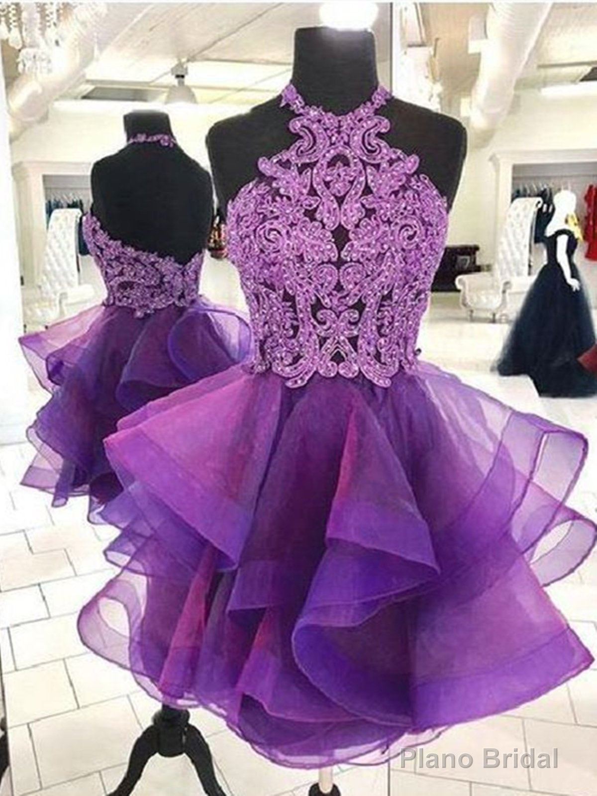 Short Backless Purple Organza Lace Prom Dresses, Short Purple Lace Formal Homecoming Dresses Main image