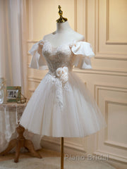 Short Beige Formal Prom Dresses, Beige Tulle Lace Homecoming Dresses