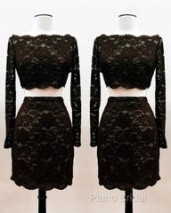 Short Black Lace Two Piece Formal Prom Dresses