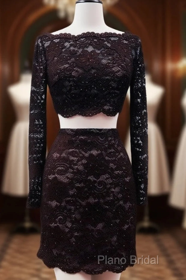 Short Black Lace Two Piece Formal Prom Dresses Main image