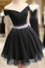 Short Black Tulle Off The Shoulder Dresses Beaded Sashes