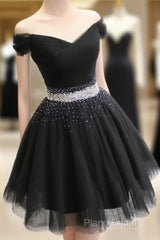 Short Black Tulle Off The Shoulder Dresses Beaded Sashes