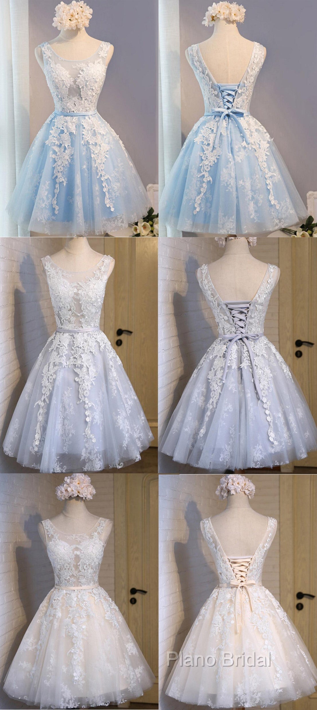 Short Blue Floral Prints Appliques Sleeveless Scoop Neckline Lace Up Back For Teen Lovely Homecoming Dresses Secondary image