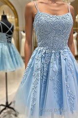 Short Blue Lace Formal Prom Dressses, Short Blue Lace Formal Homecoming Dresses