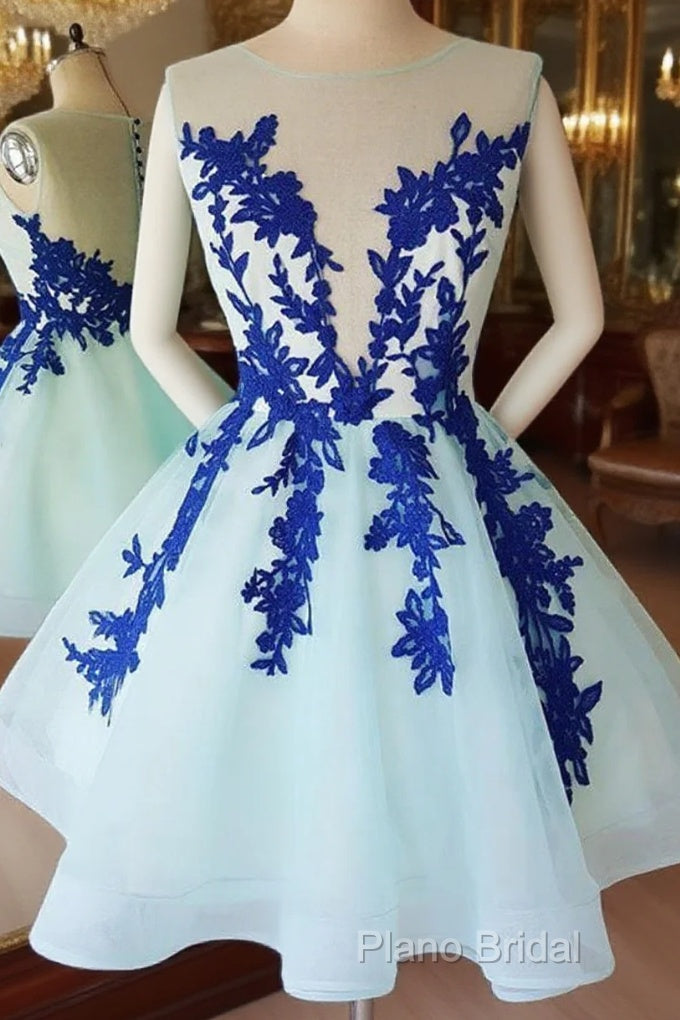 Short Blue Lace Tulle Formal Prom Dresses, Short Blue Lace Homecoming Graduation Dresses