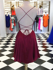 Short Burgundy Backless Formal Prom Dresses, Short Burgundy Backless Formal Graduation Homecoming Dresses