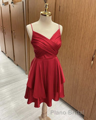 Short Burnt Orange Satin Cocktail Dresses V-neck Semi Prom Dresses