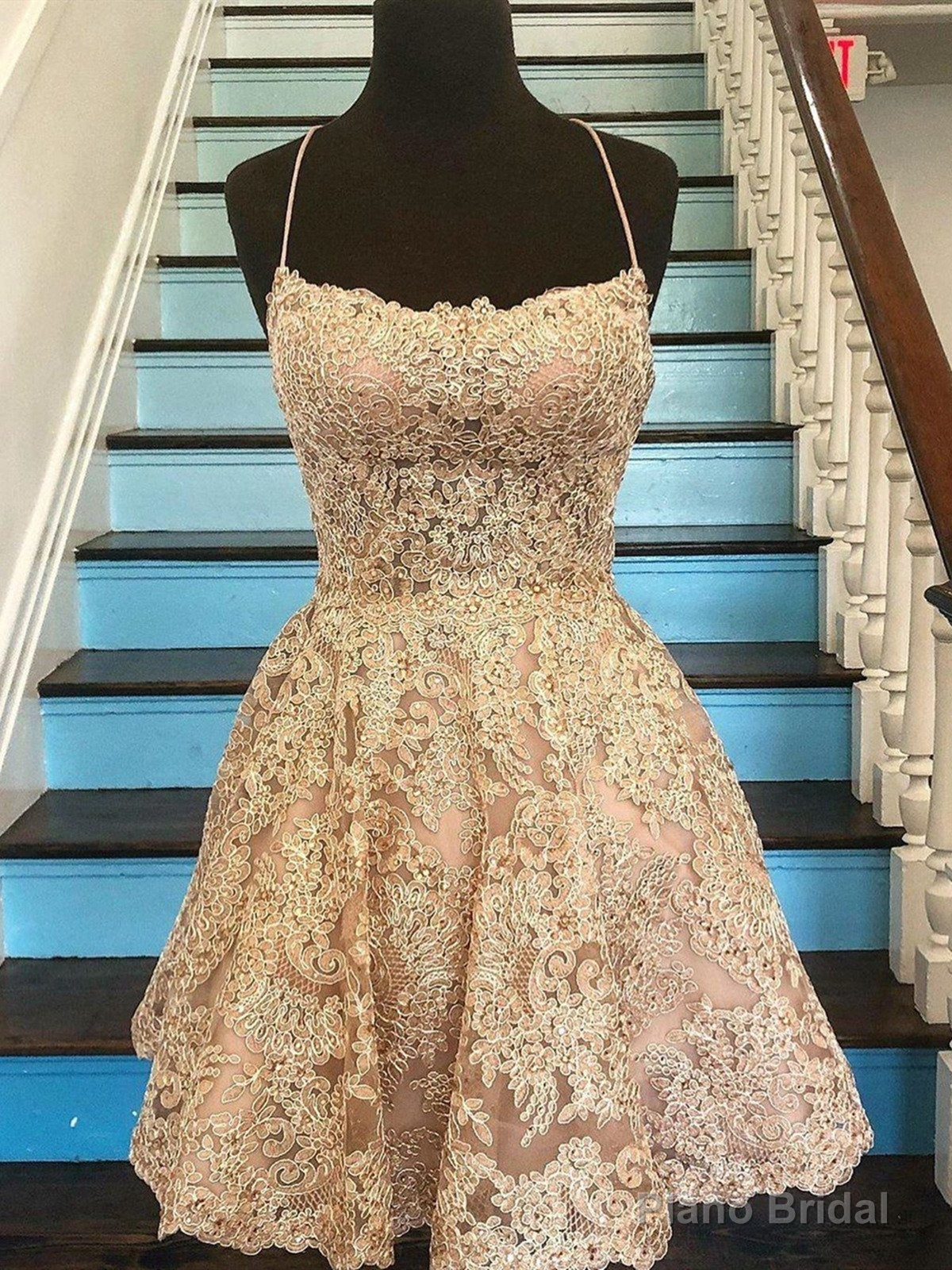 Short Champagne Backless Lace Prom Dresses, Short Lace Formal Graduation Homecoming Dresses Main image