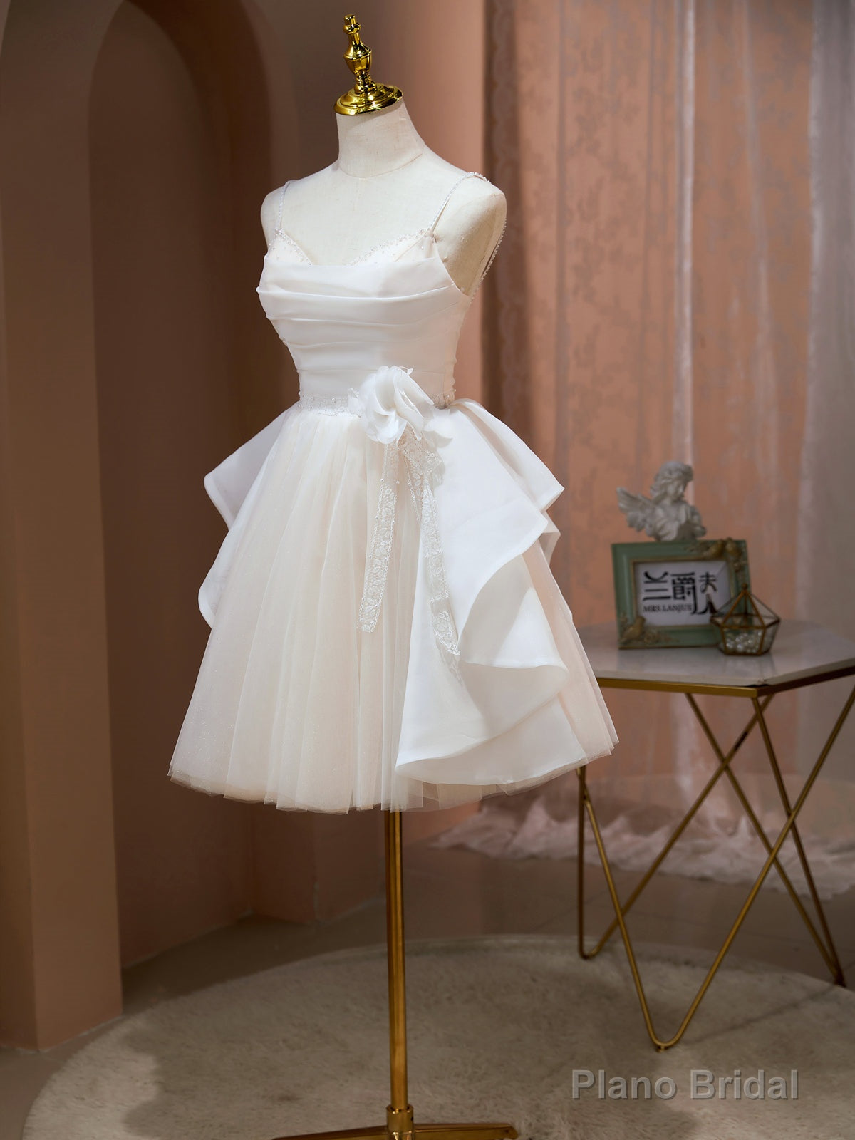 Short Champagne Floral Prom Dresses, Short Champagne Floral Formal Homecoming Dresses Main image