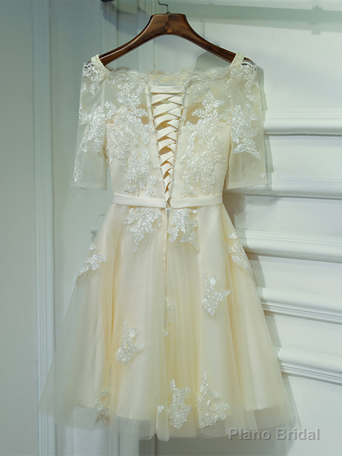 Short Champagne Lace Prom Dresses, Short Champagne Lace Formal Homecoming Dresses