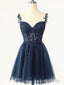 Short Dark Navy Blue Lace Prom Dresses, Dark Blue Lace Formal Homecoming Dress