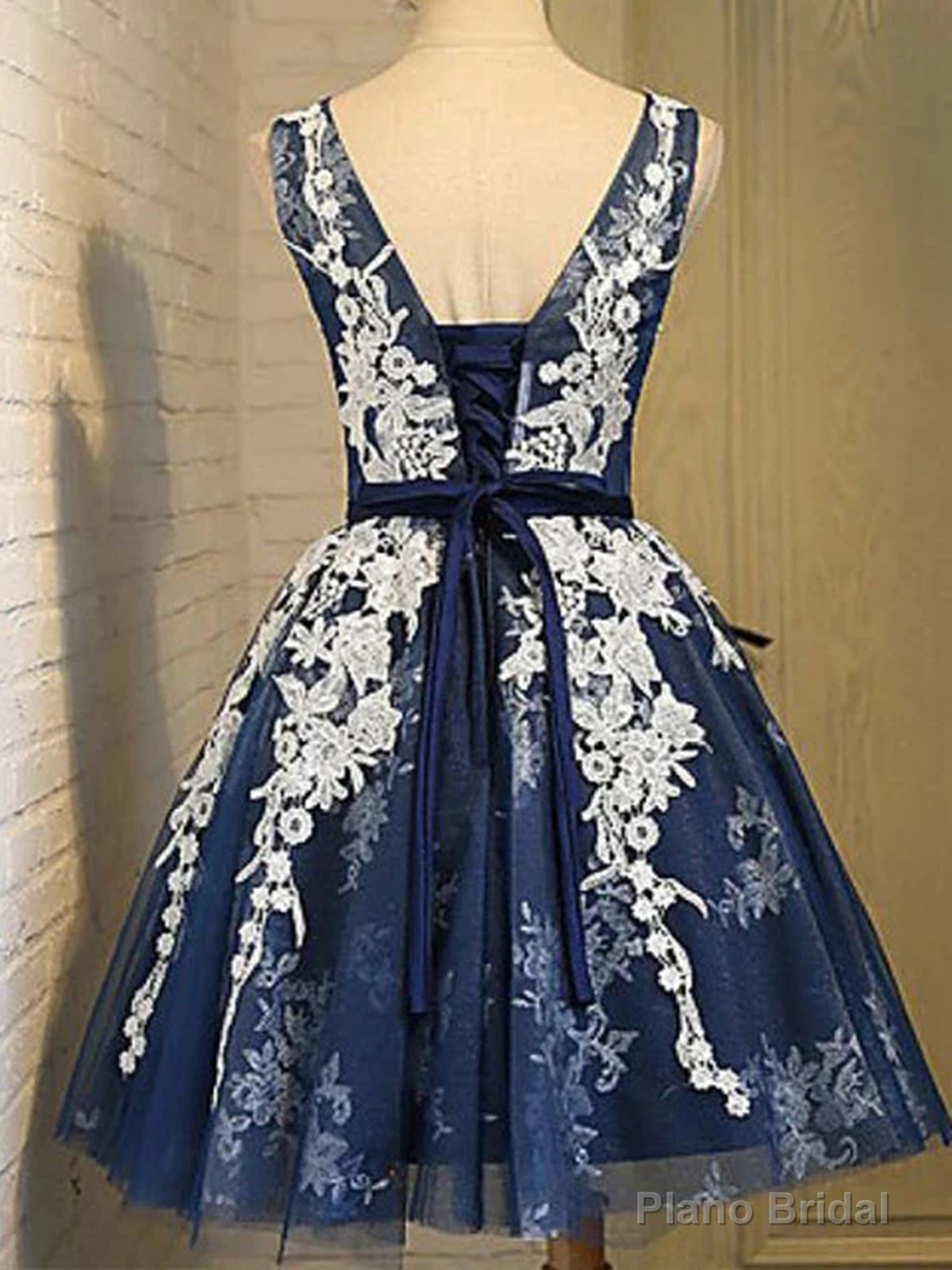 Short Dark Navy Blue Prom Dress with White Lace, Short Dark Navy Blue Graduation Homecoming Dresses Secondary image