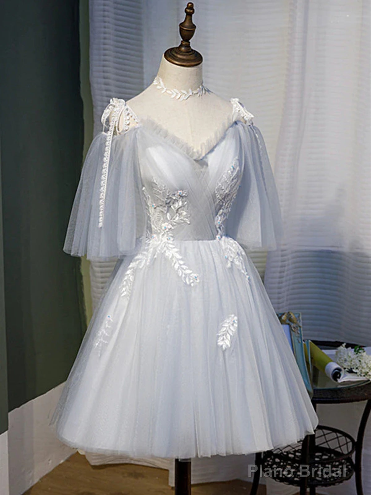 Short Gray Lace Prom Dresses, Short Gray Lace Formal Homecoming Dresses Secondary image