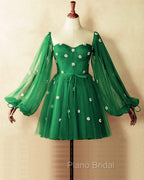 Short Green Puffy Sleeves Dresses With Daisy Flowers