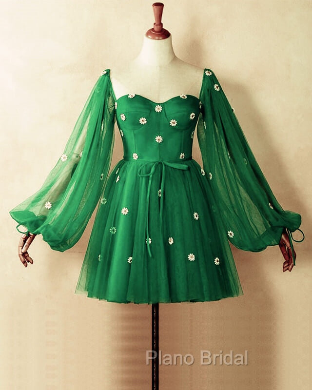 Short Green Puffy Sleeves Dresses With Daisy Flowers