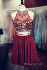 Short Green Two Piece Chiffon Homecoming Dresses Beaded