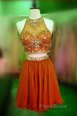 Short Green Two Piece Chiffon Homecoming Dresses Beaded