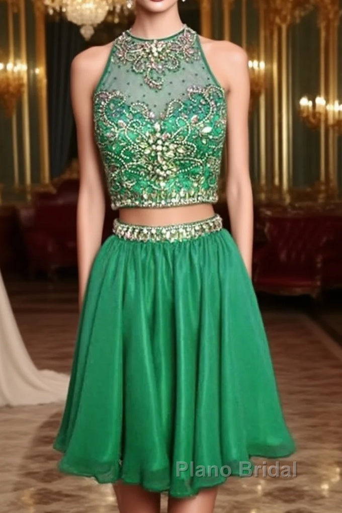 Short Green Two Piece Chiffon Homecoming Dresses Beaded Main image