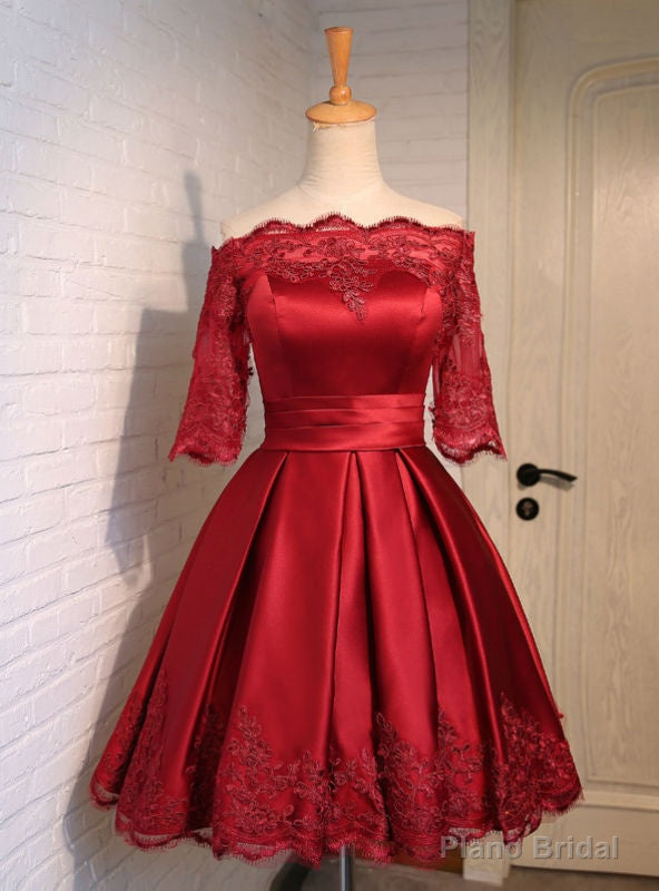 Short Half Sleeve Burgundy Satin Evening Dress Graduation Dresses Main image