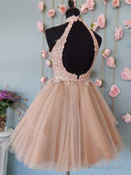 Short Halter Neck Pink Lace Prom Dresses, Halter Neck Short Pink Lace Formal Homecoming Dresses