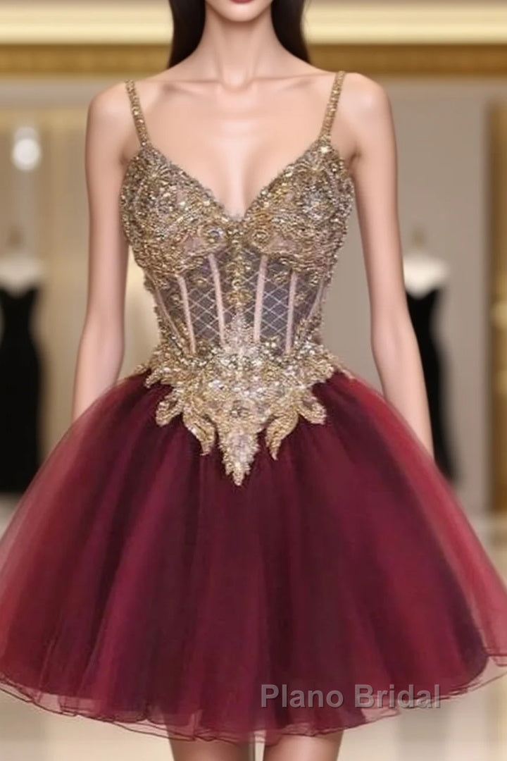Short Homecoming Dresses Burgundy Beads Lace Homecoming Gowns Main image