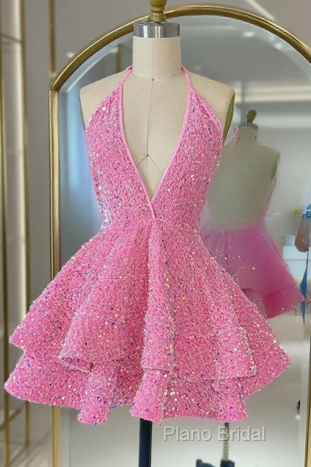 Short Homecoming Dresses, Pink Sequin Homecoming Dresses Main image