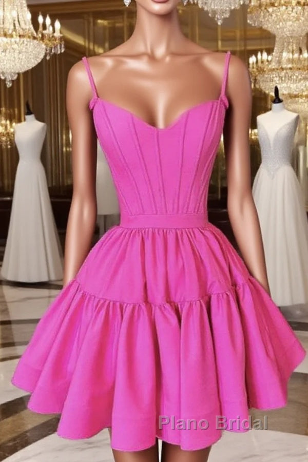 Short Hot Pink Satin Corset Ruffles Dresses Main image