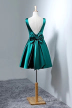 Short Hunter Green Satin Formal Prom Dresses With Bow