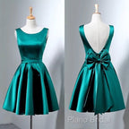 Short Hunter Green Satin Formal Prom Dresses With Bow