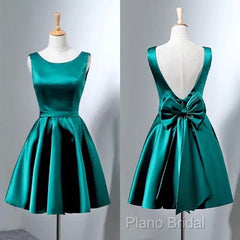 Short Hunter Green Satin Formal Prom Dresses With Bow