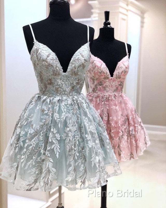 Short Lace Homecoming Dresses V Neck Spaghetti Straps