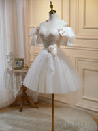 Short Light Champagne Lace Floral Prom Dresses, Short Light Champagne Formal Homecoming Dresses