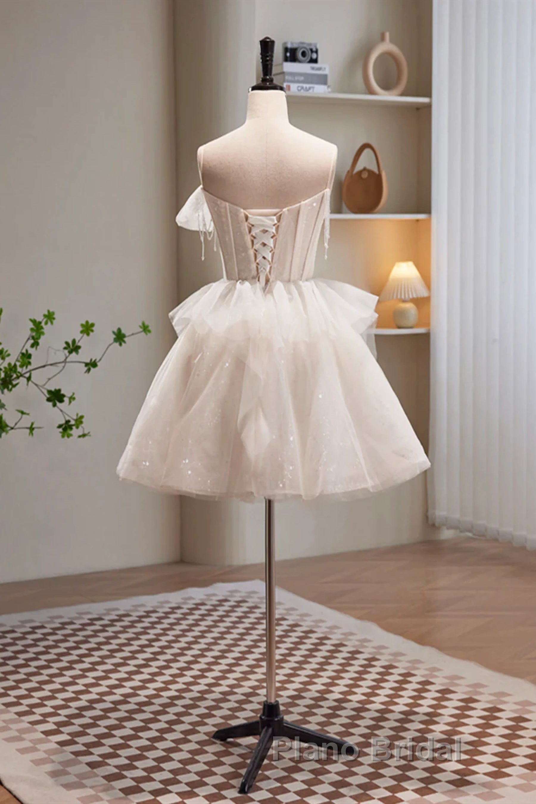Short Light Champagne Tulle Formal Prom Dresses, Short Champagne Tulle Formal Homecoming Dresses