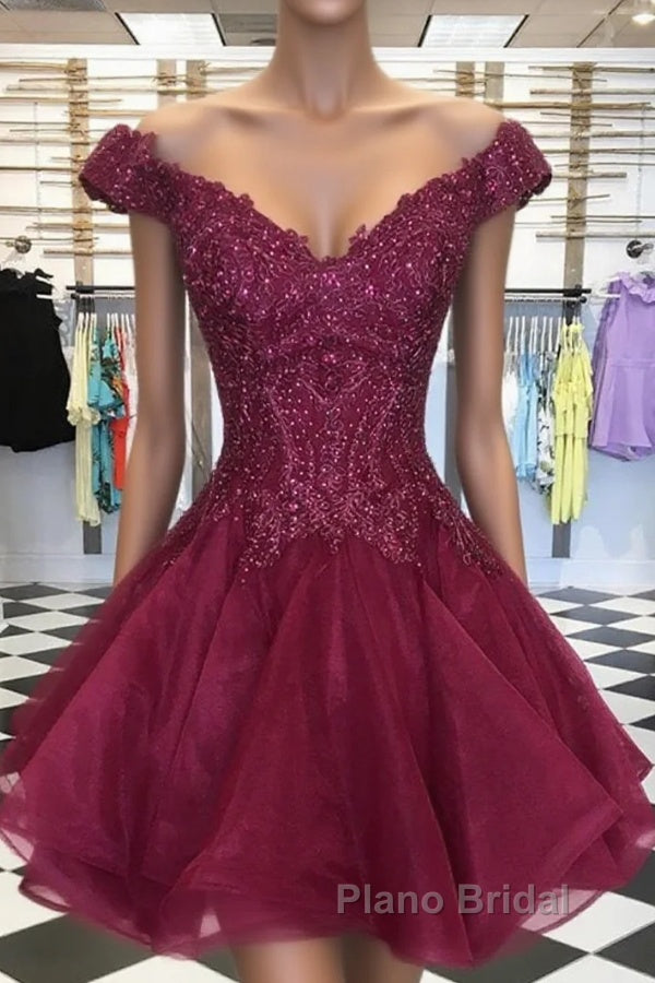 Short Off Shoulder Burgundy Lace Formal Prom Dresses, Off The Shoulder Short Burgundy Lace Formal Homecoming Dresses