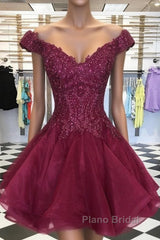 Short Off Shoulder Burgundy Lace Formal Prom Dresses, Off The Shoulder Short Burgundy Lace Formal Homecoming Dresses