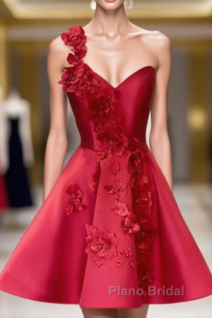 Short One Shoulder Satin Homecoming Dresses With 3D Flowers