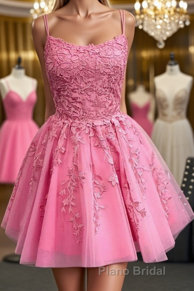 Short Pink Backless Lace Formal Prom Dresses, Short Pink Open Back Formal Homecoming Dresses Main image