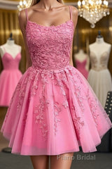 Short Pink Backless Lace Formal Prom Dresses, Short Pink Open Back Formal Homecoming Dresses