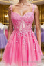 Short Pink Lace Formal Prom Dresses, Short Pink Lace Formal Homecoming Dresses
