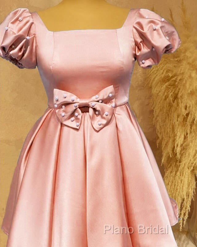 Short Pink Satin Party Dresses With Bow