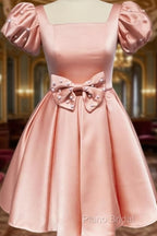 Short Pink Satin Party Dresses With Bow
