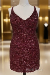 Short Plus Size Burgundy Sequin Dresses