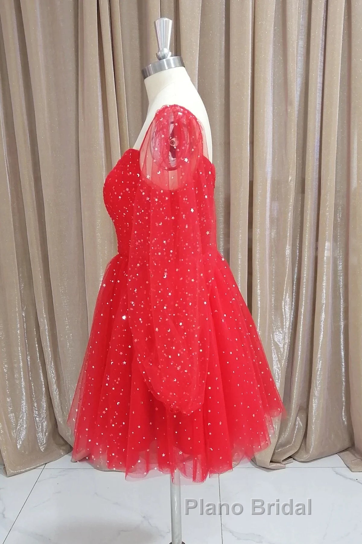 Short Red Long Sleeves Tulle Formal Prom Dresses, Short Red Long Sleeves Formal Homecoming Dresses Secondary image