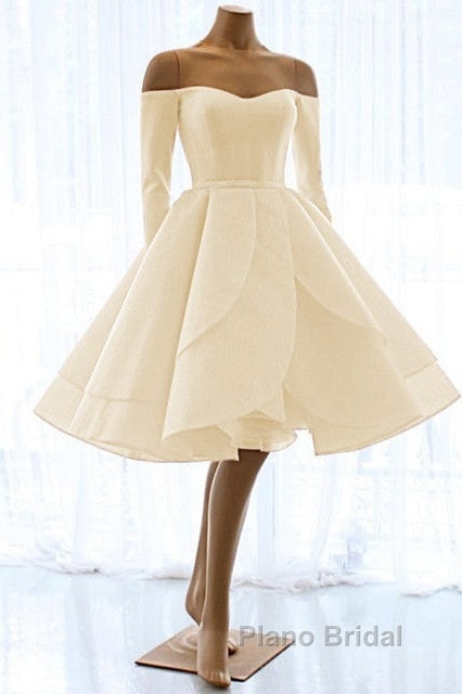 Short Satin Long Sleeves Off Shoulder Ruffles Skirt Wedding Dresses Secondary image