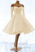Short Satin Long Sleeves Off Shoulder Ruffles Skirt Wedding Dresses