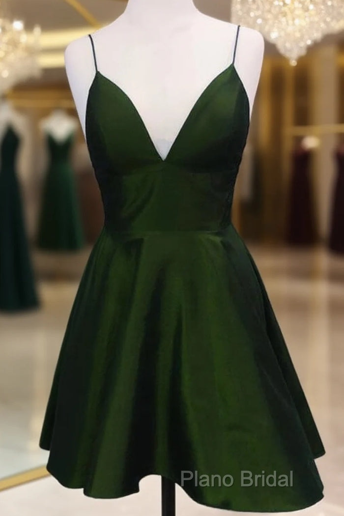 Short Silve Green Satin V-Neck Dresses