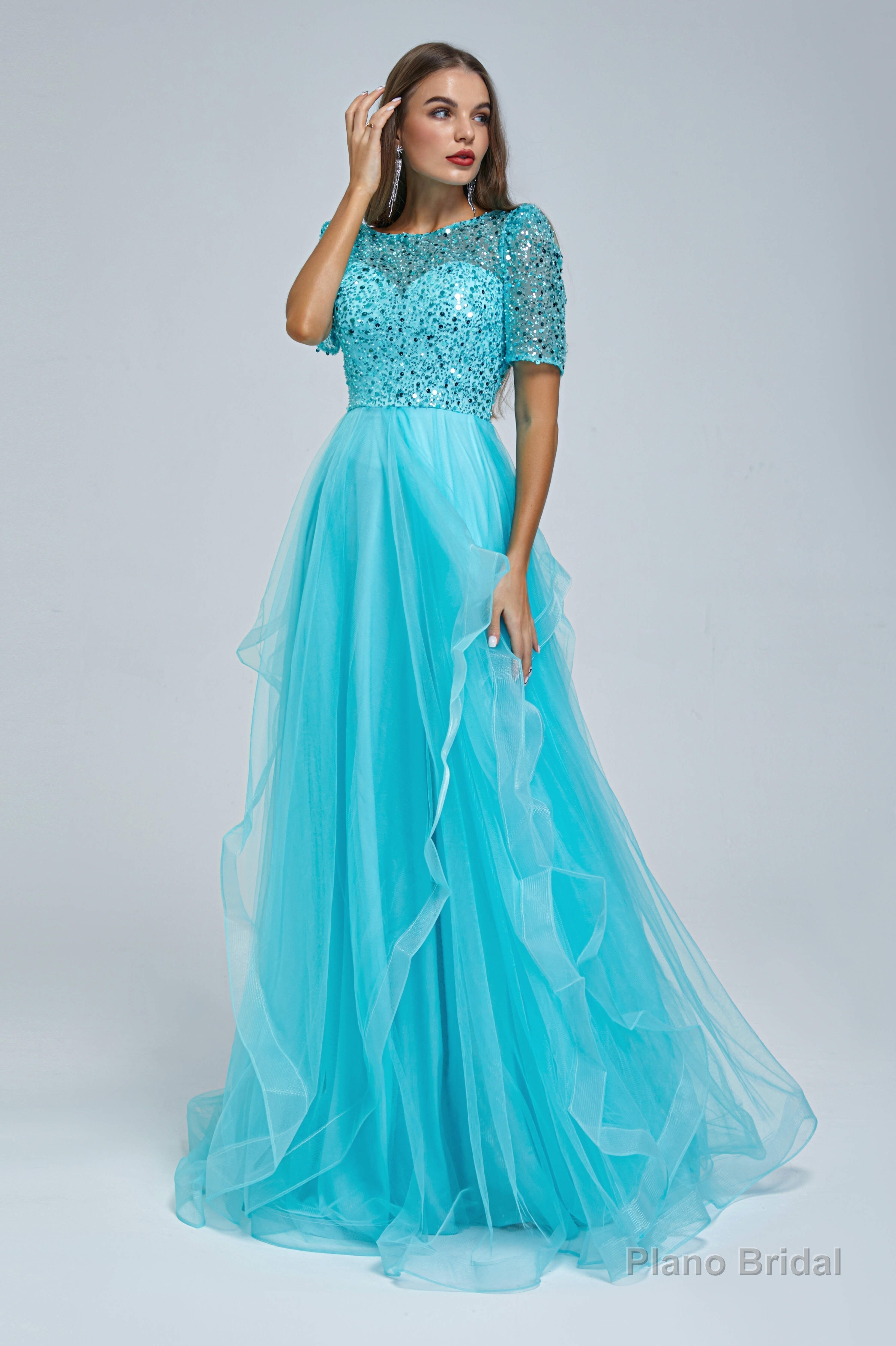 Short Sleeve Tulle Beaded Sequins Long Prom Dresses FZ001